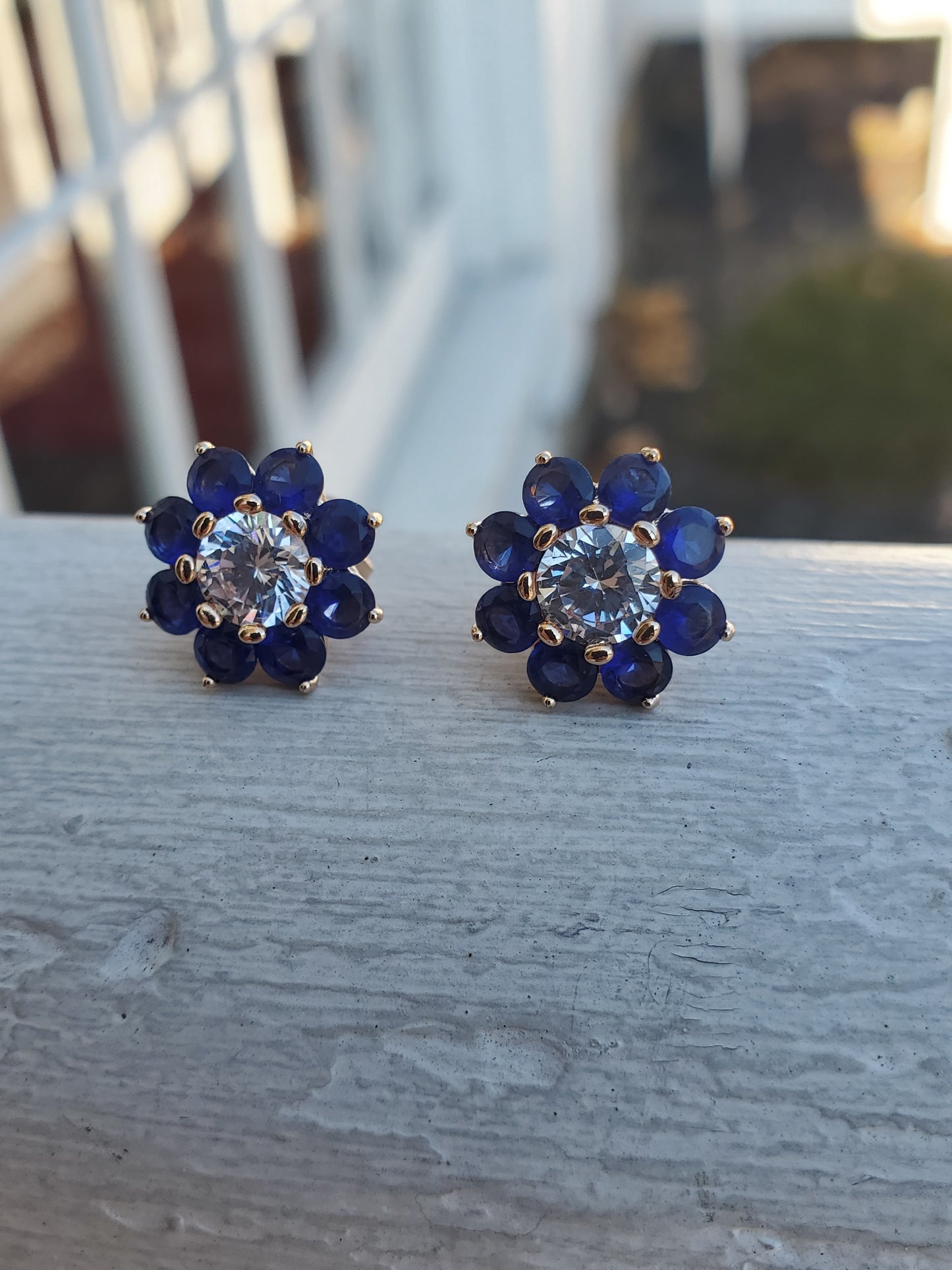 Stainless Steel Gold Plated Synthetic Sapphire & Zirconia CZ Flower Stud/Post Earrings