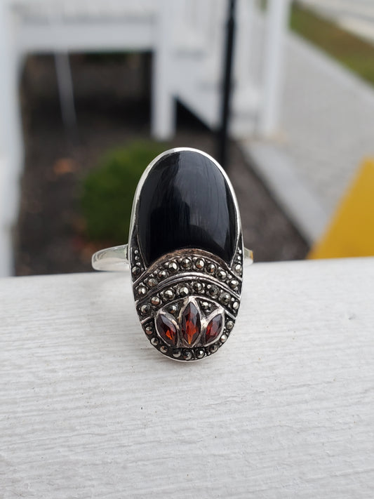925 Sterling Silver Vintage Onyx, Marcasite, & Garnet Statement Ring