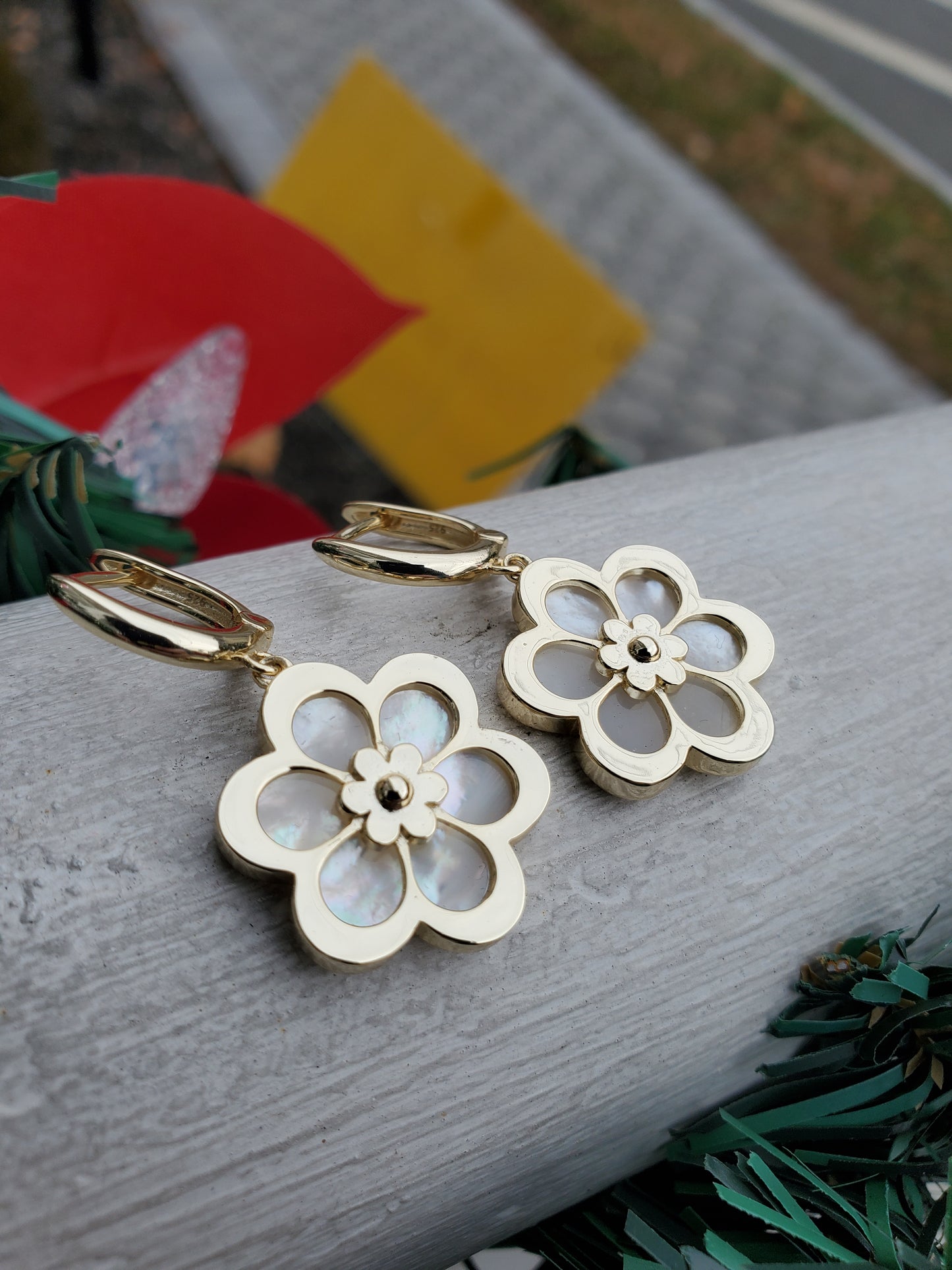 925 Sterling Silver Yellow Vermeil Mother of Pearl Flower Leaverback Earrings