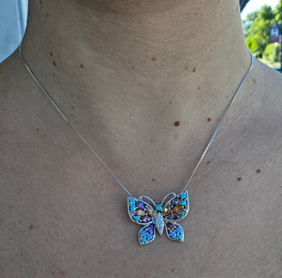 925 Sterling Silver Multi-Color Gemstone Butterfly Pendant Necklace