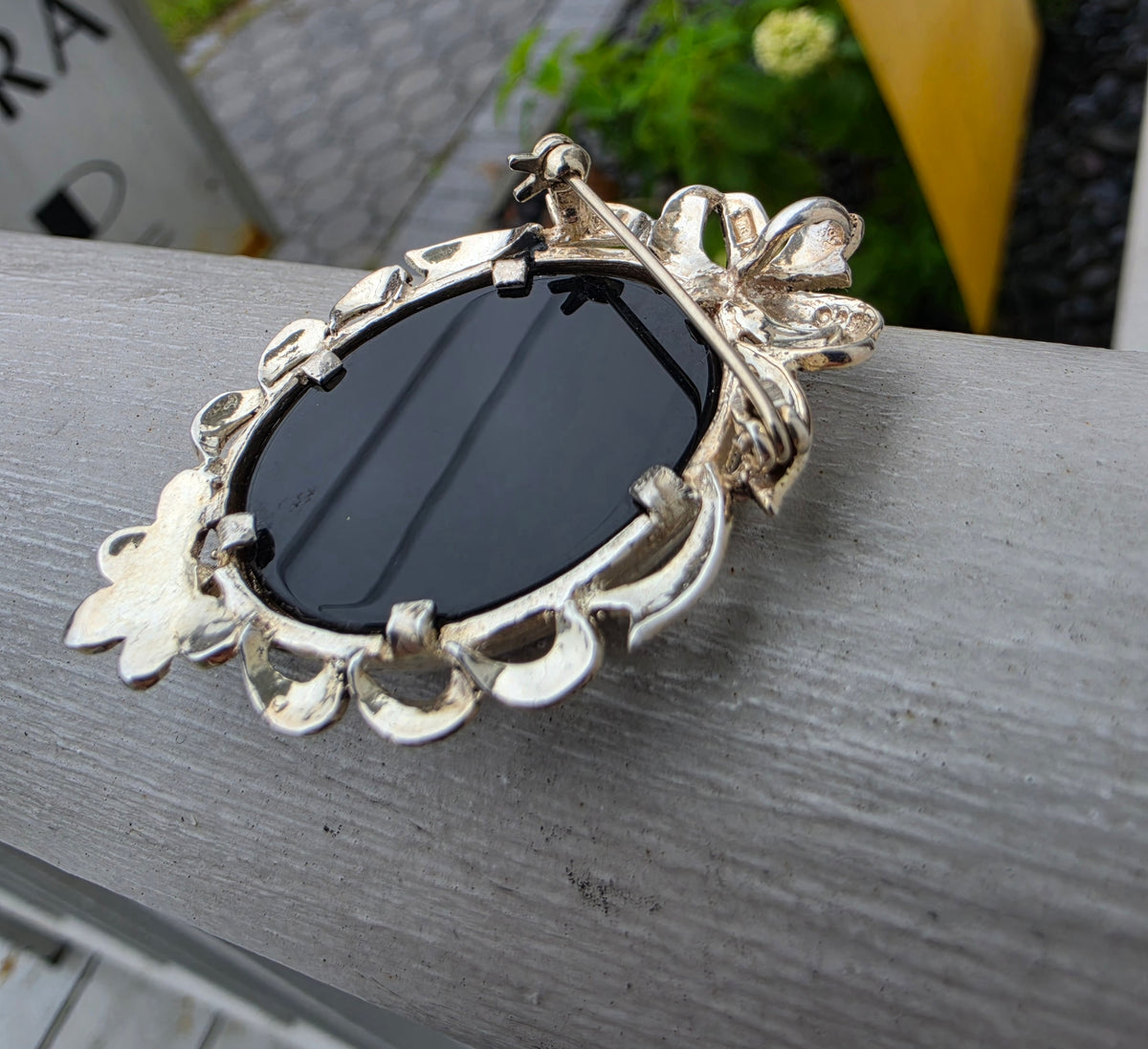 925 Sterling Silver Black Onyx, Mother of Pearl & Marcasite Large Cameo Pin Brooch Pendant