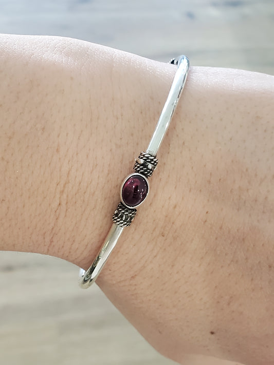 925 Sterling Silver Natural Rhodolite Garnet Cabochon Cut Stationed Bangle Bracelet