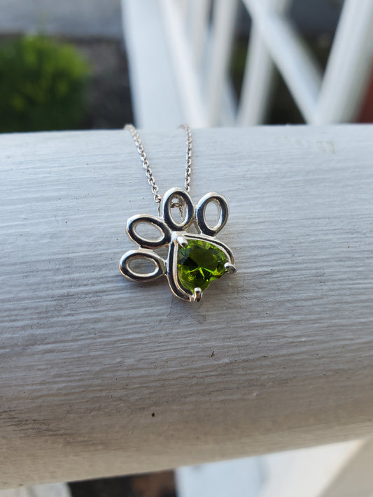 925 Sterling Silver Custom Made Simulated Peridot Pet Pawprint Necklace