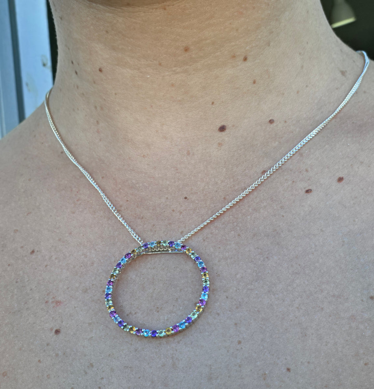 925 Sterling Silver Circle of Life Multi-Color Gemstone Necklace
