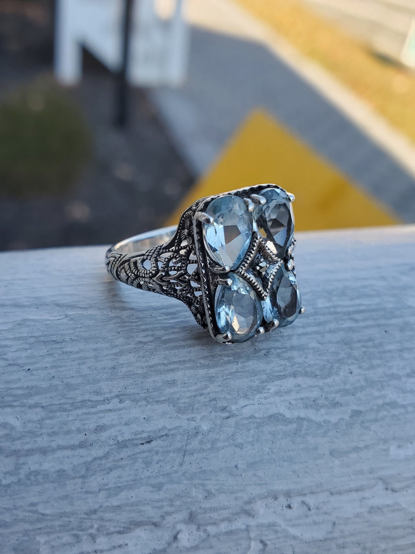 925 Sterling Silver Antique Genuine Aquamarine Grid Filagre Design Setting