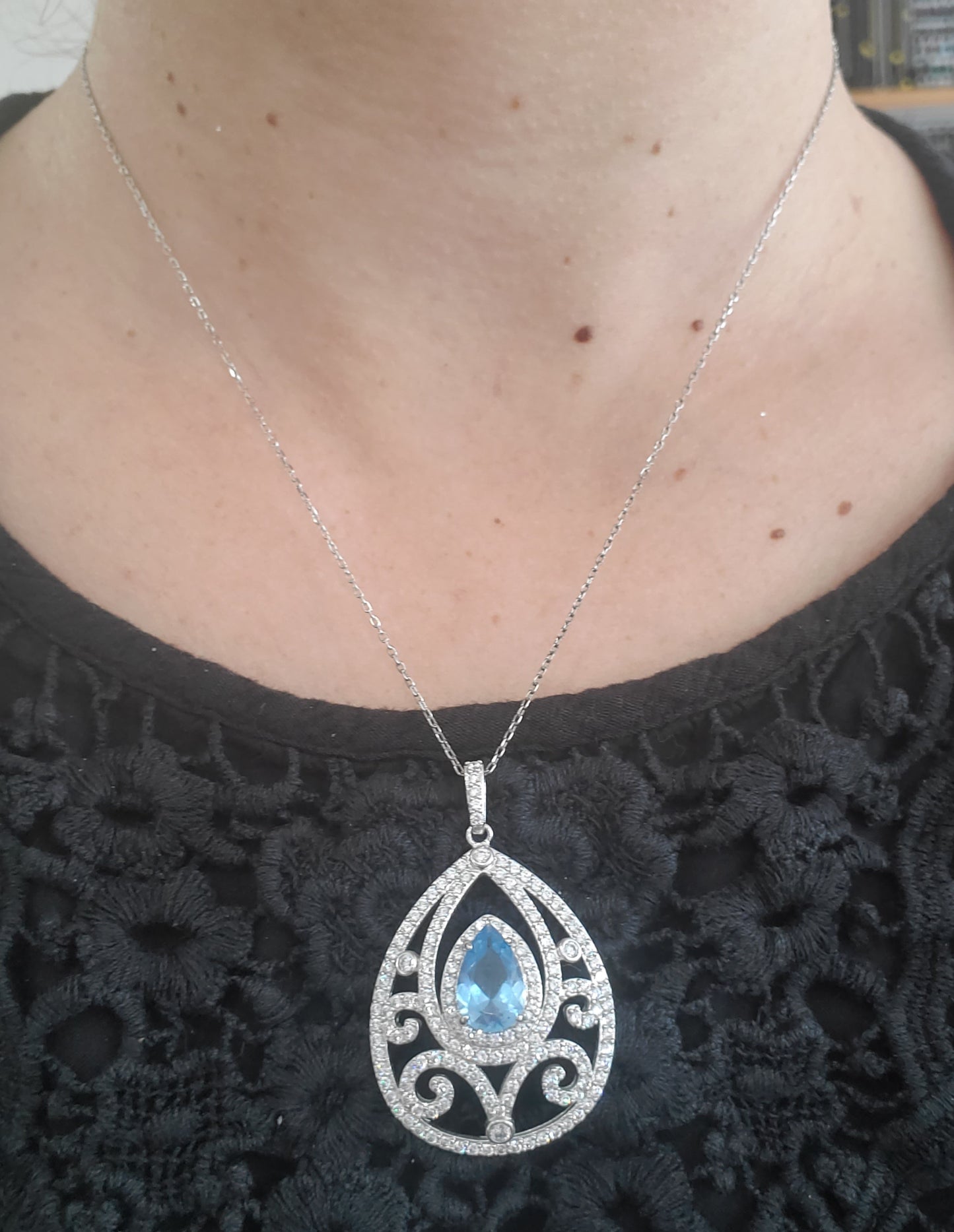 925 Sterling Silver 2ct Blue Topaz & Zirconia Large Teardrop Filagre Statement Necklace