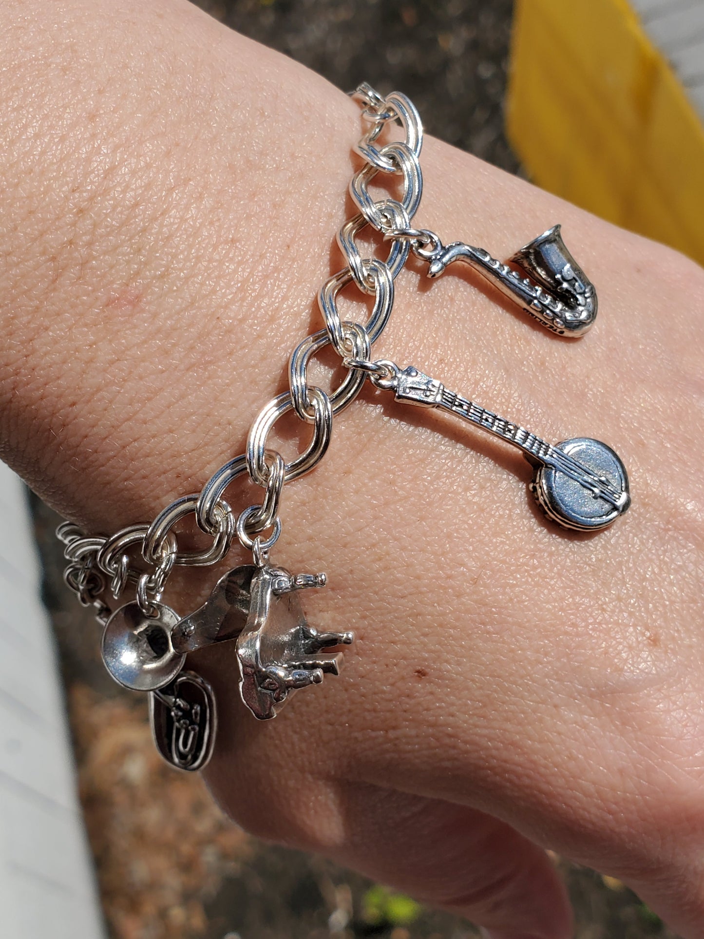925 Sterling Silver Vintage 3D Musical Instrument Charm Bracelet