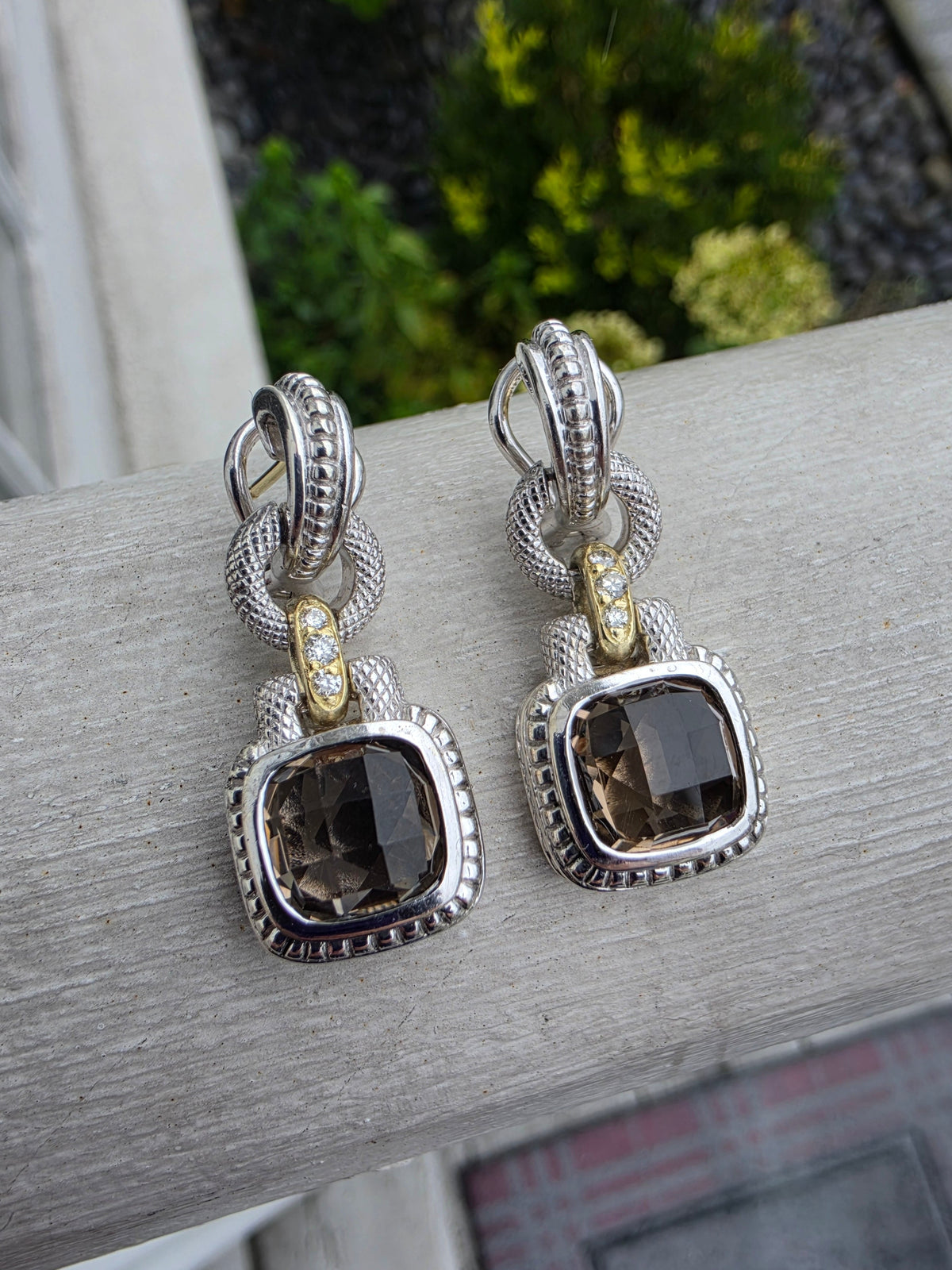 925 Sterling Silver & Solid 18k Gold Smokey Topaz & Diamond Dangling Earrings