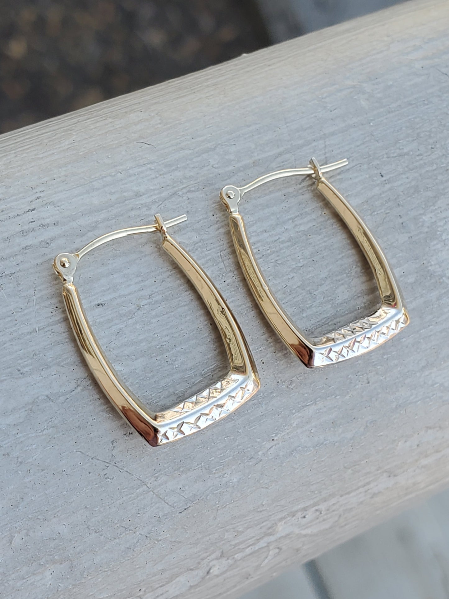 14k Solid Gold Two-Tone Rectangular Diamond Cut Hoop Earrings