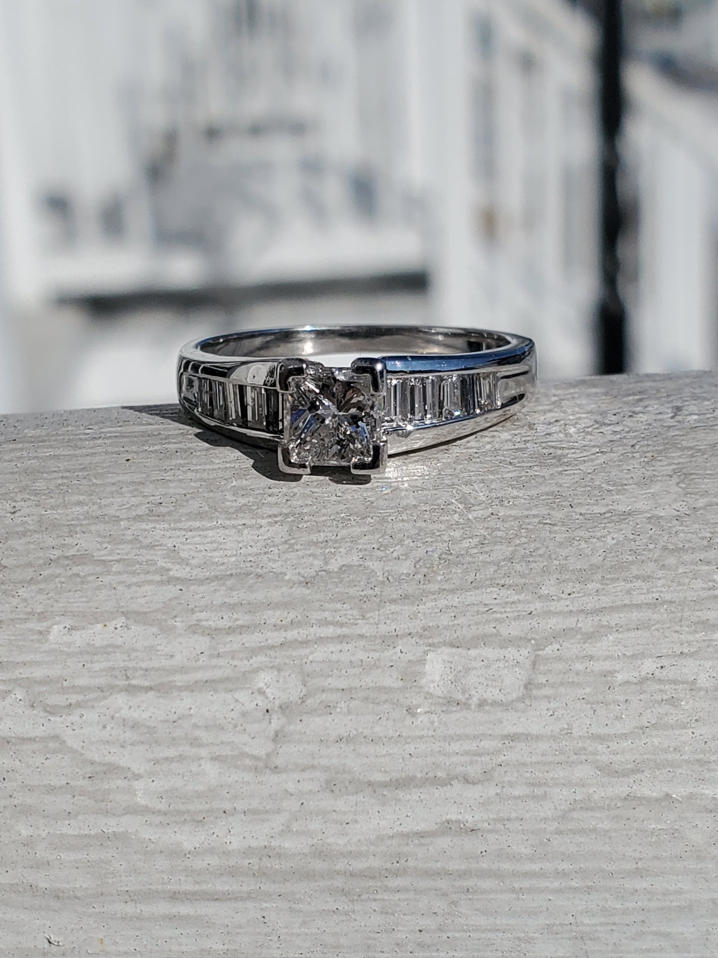 14k White Gold Natural Princess Cut Diamond Engagement Ring w/ channel set emerald cut sides