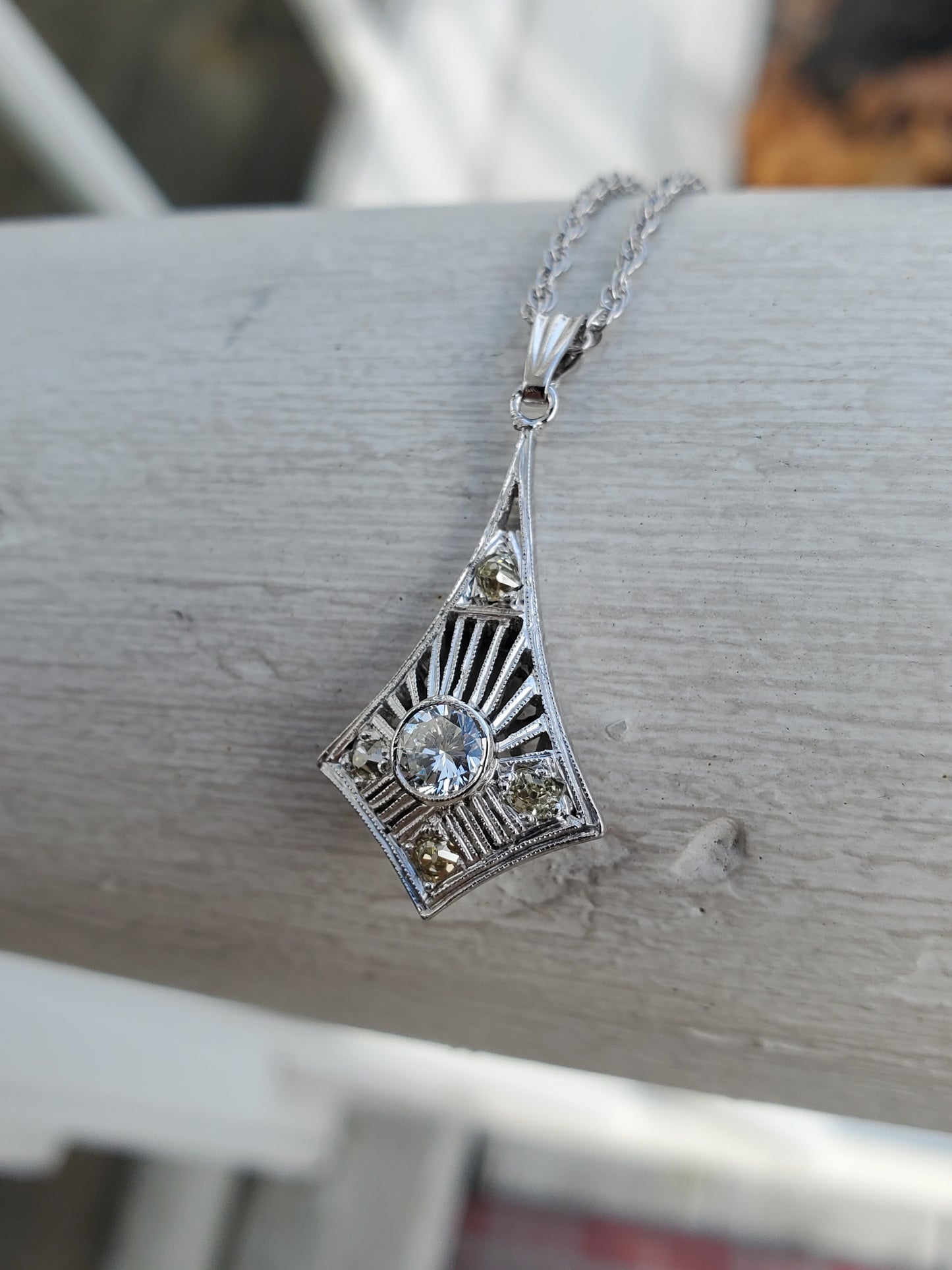 14k Solid White Gold Antique Vertical Diamond Art Deco Pendant Necklace