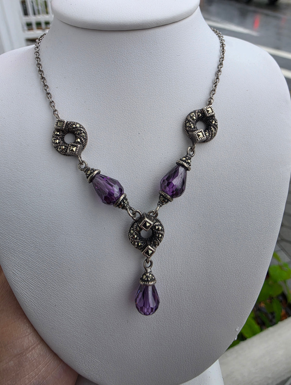 925 Sterling Silver Amethyst Crystal  & Marcasite Statement Necklace