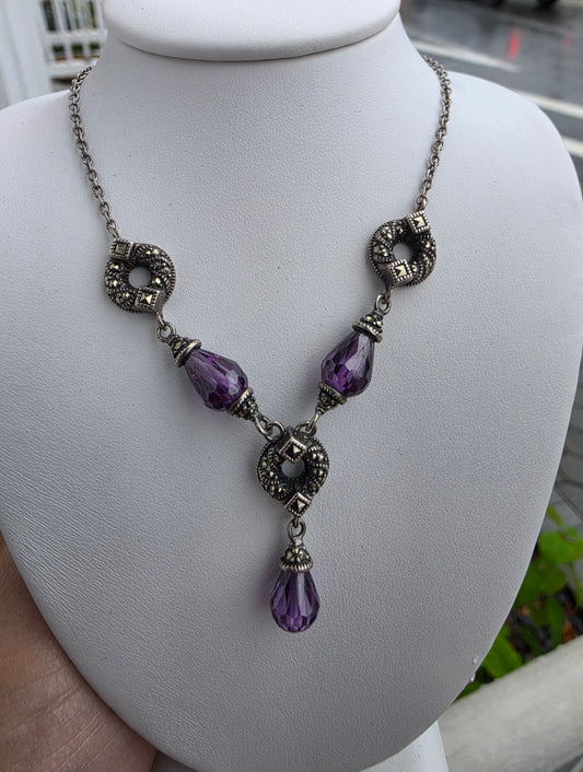 925 Sterling Silver Amethyst Crystal  & Marcasite Statement Necklace