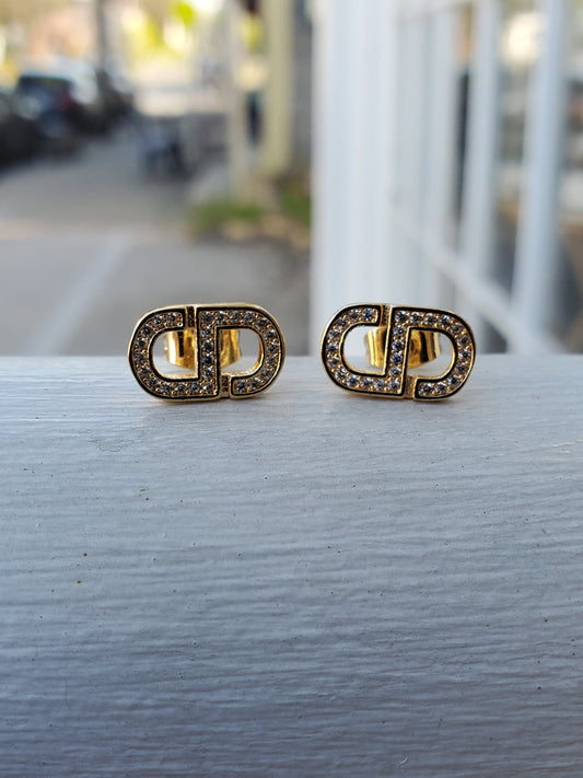 Gold Plated CD Christian Dior Lookalike CZ Stud Earrings
