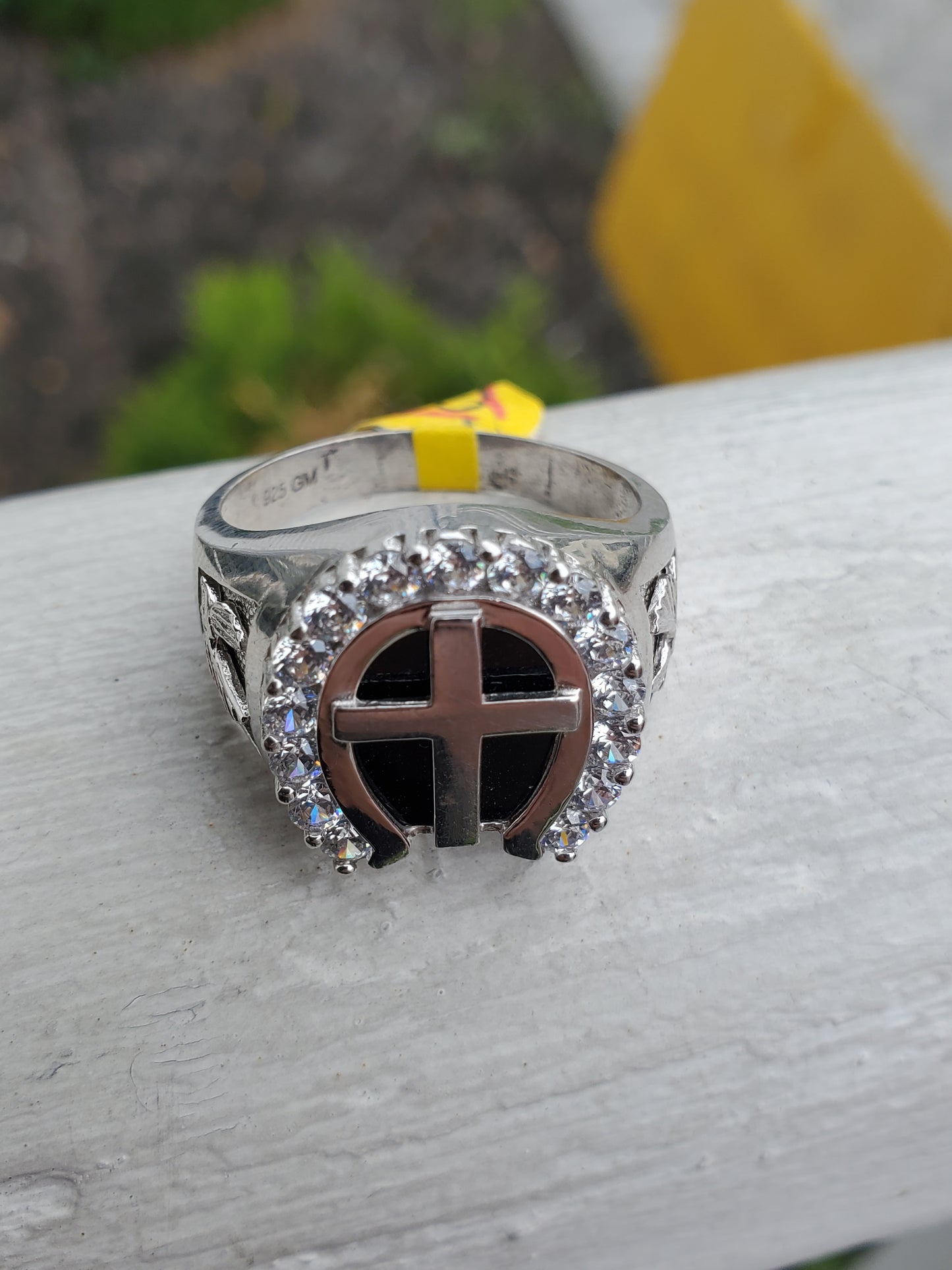 925 Sterling Silver Men's Black Onyx Cross Horseshoe Zirconia CZ Ring