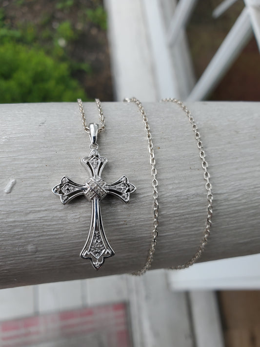 925 Sterling Silver Genuine Natural Diamond Cross Necklace Charm Pendant