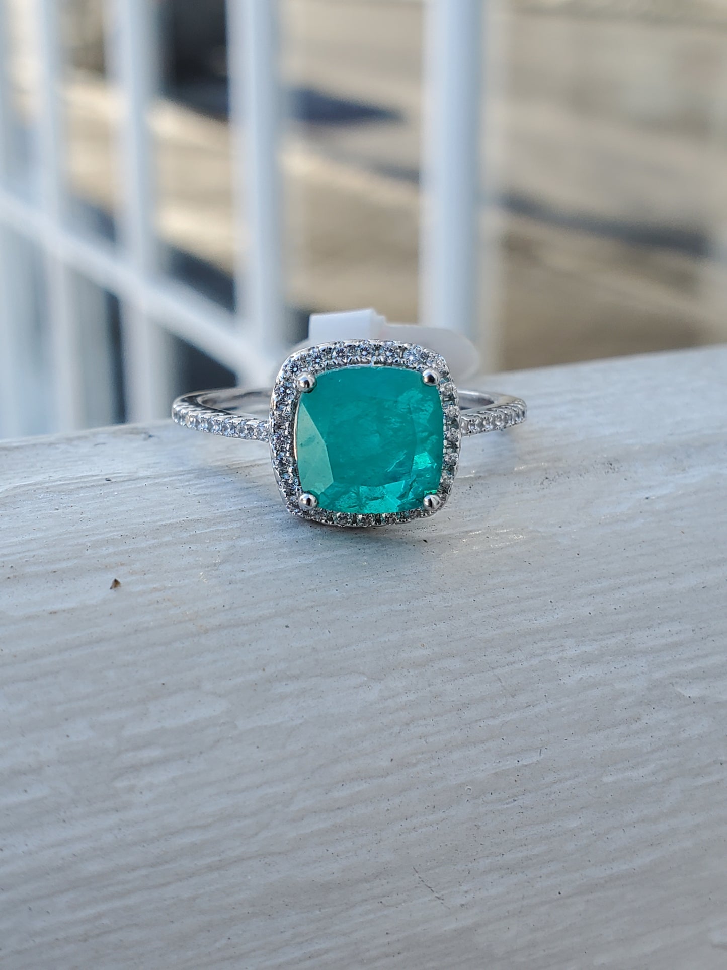 925 Sterling Silver 1.00 ct Lab-Created Cushion Cut Emerald & Zirconia CZ Halo Ring