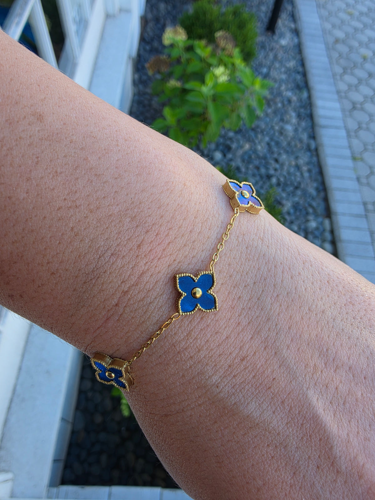 Stainless Steel Gold Vermeil Blue Clover Station Van Cleef Style Bracelet Adjustable 7"-9"