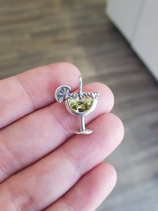 925 Sterling Silver Simulated Peridot Martini Cocktail Glass Charm Pendant