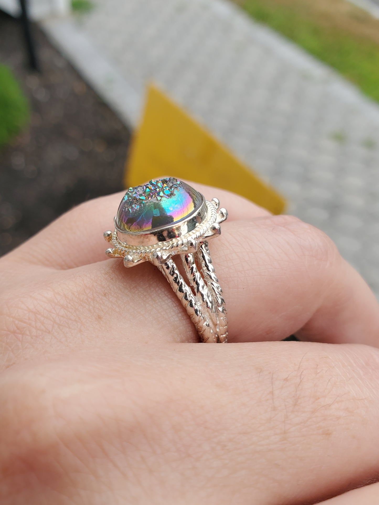 925 Sterling Silver Mystic Druzy Tapered Twisted Cable Ring