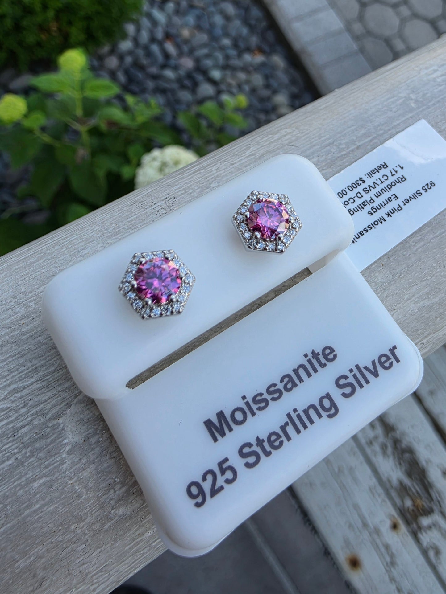 925 Sterling Silver Pink & Clear Moissanite Hexagonal Stud Earrings