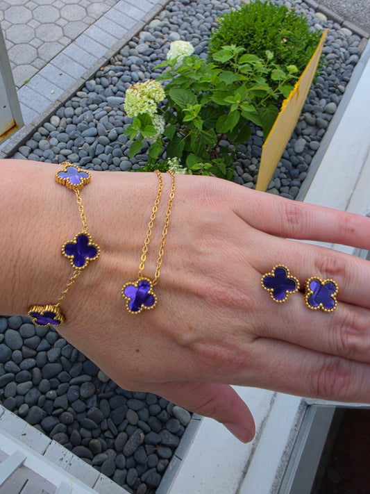 Stainless Steel Gold-plated Clover Station Van Cleef Style Purple Enamel Alhambra Necklace, Bracelet & Earring Gift Set