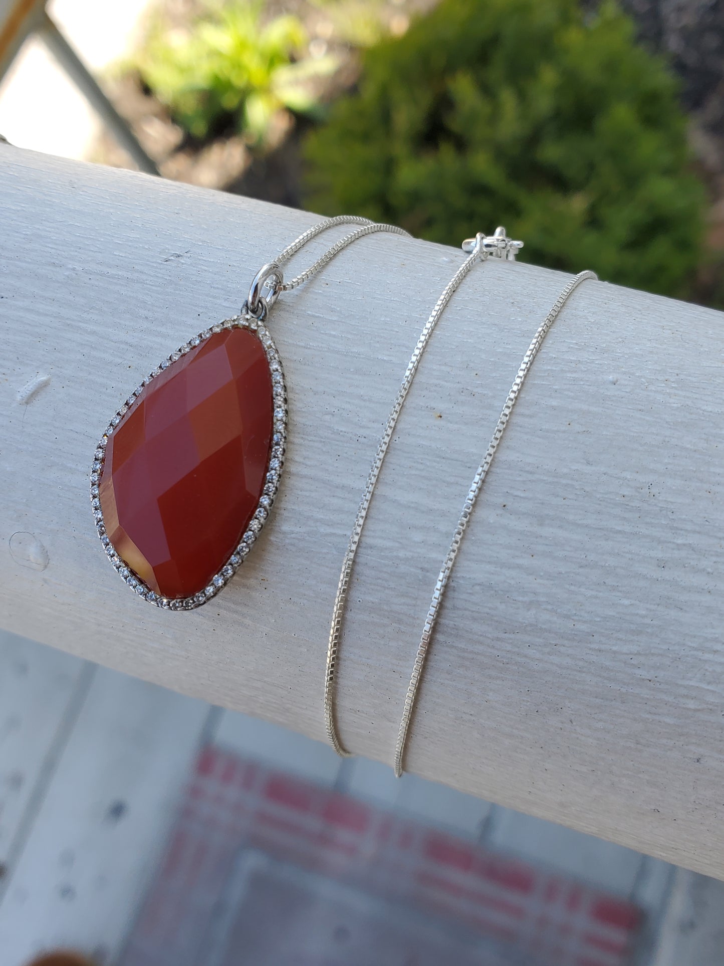 925 Sterling Silver Faceted Oblong Carnelian & Zirconia CZ Halo Pendant Necklace