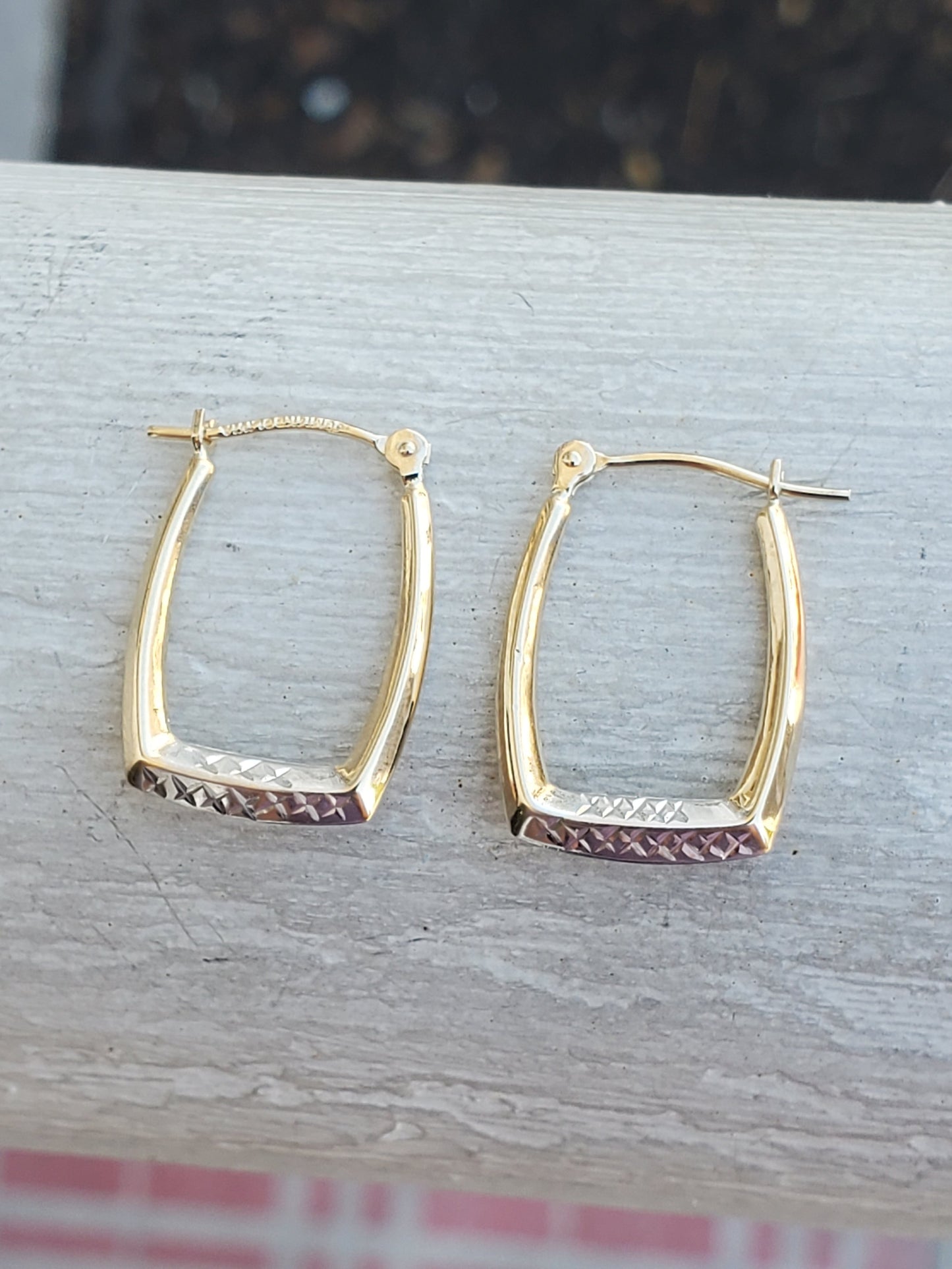 14k Solid Gold Two-Tone Rectangular Diamond Cut Hoop Earrings