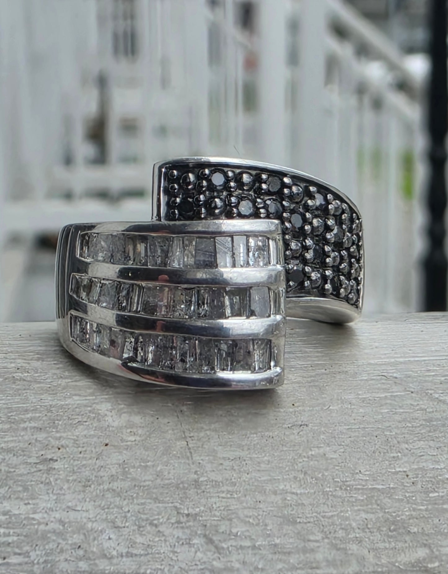925 Sterling Silver 1.50tcw Natural White Baguette & Black Diamond OTC International Bypass Design Ring