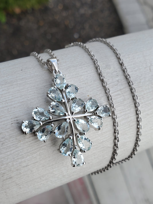 925 Sterling Silver Genuine Aquamarine Pear Shape Cross Cluster Pendant Necklace