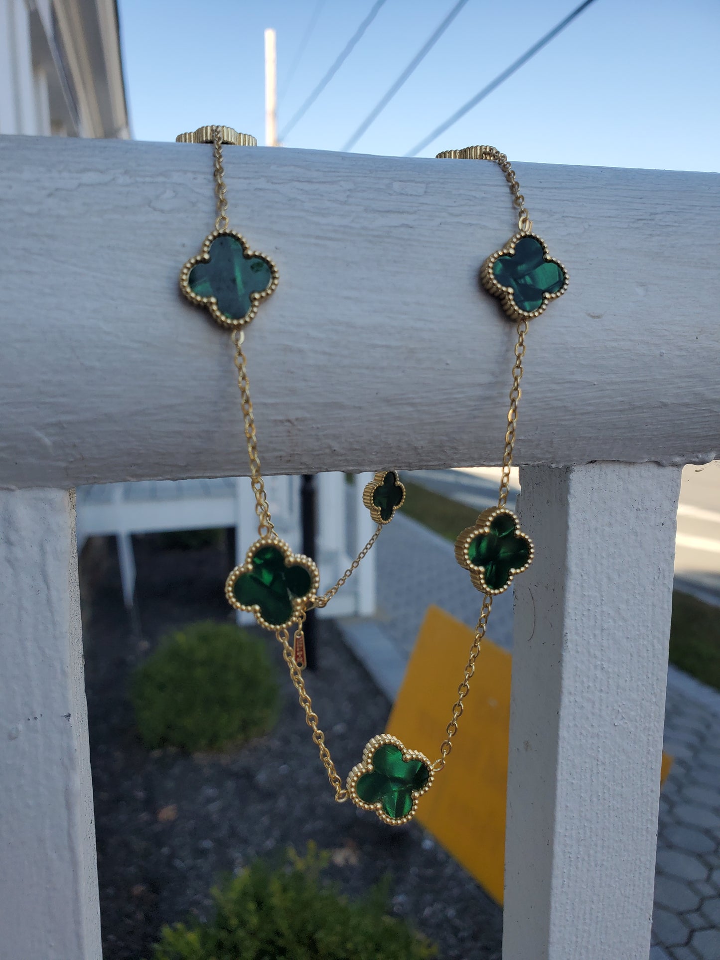 Stainless Steel Gold Color Green Clover Station Van Cleef Style Necklace 18”-20”