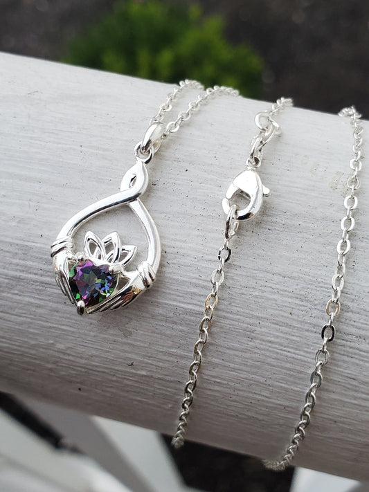 925 Sterling Silver Irish Claddagh Mystic Topaz Pendant Necklace