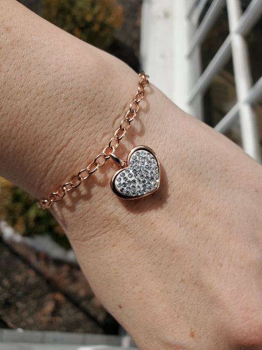 925 Sterling Silver Designer JCM Vermeil Sparkling Dangle Heart Bracelet