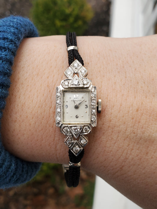 Antique Ladies Hamilton 14k White Gold & Platinum Diamond Watch