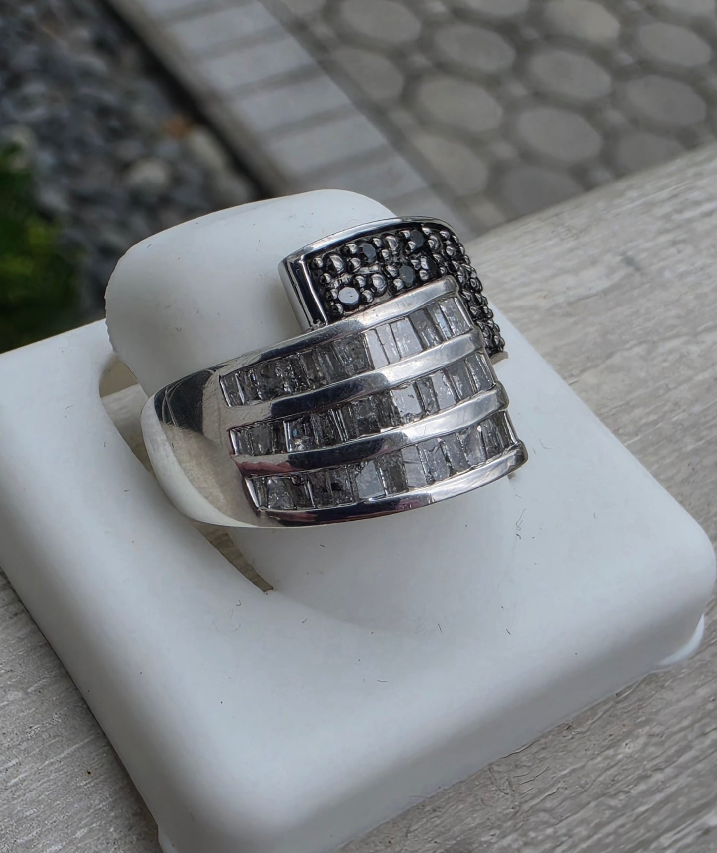 925 Sterling Silver 1.50tcw Natural White Baguette & Black Diamond OTC International Bypass Design Ring
