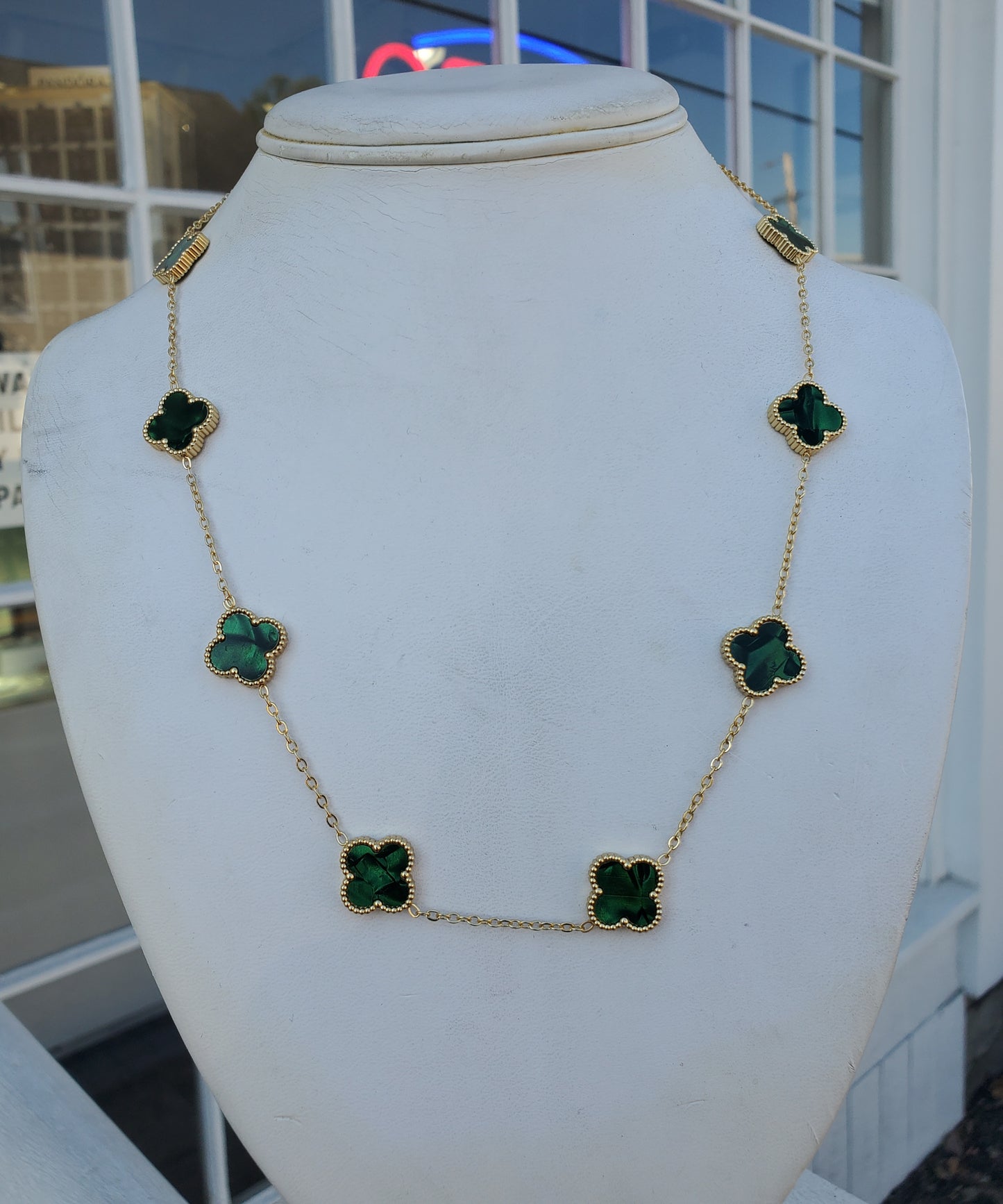 Stainless Steel Gold Color Green Clover Station Van Cleef Style Necklace 18”-20”