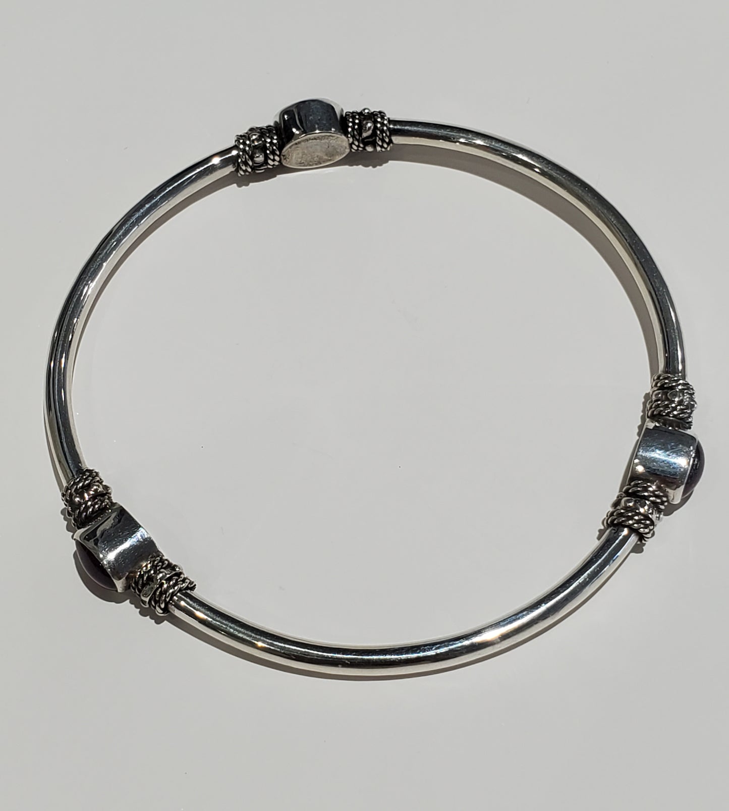 925 Sterling Silver Natural Rhodolite Garnet Cabochon Cut Stationed Bangle Bracelet