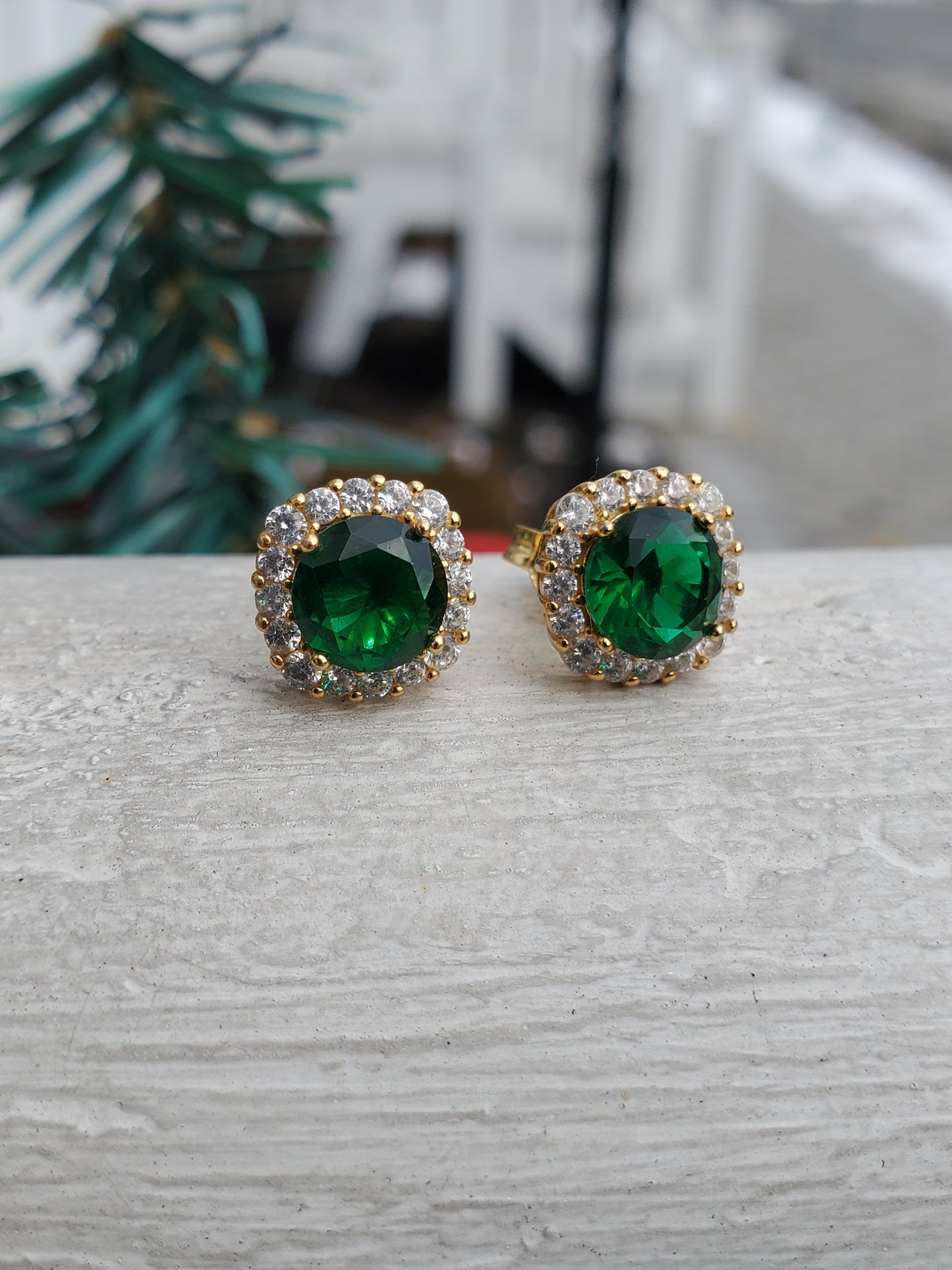 925 Sterling Silver Vermeil Simulated Green Emerald Zirconia CZ Stud Earrings