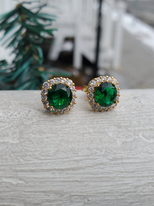 925 Sterling Silver Vermeil Simulated Green Emerald Zirconia CZ Stud Earrings