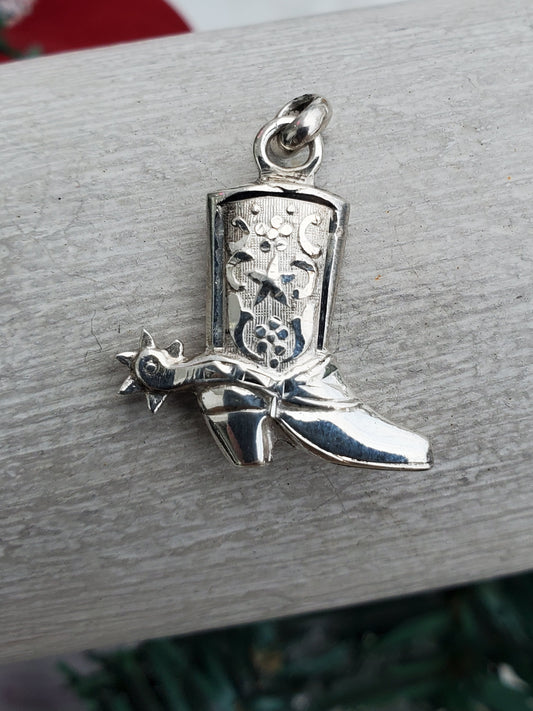 925 Sterling Silver Solid Double-Sided Country Western Cowgirl / Cowboy Boot Pendant Charm
