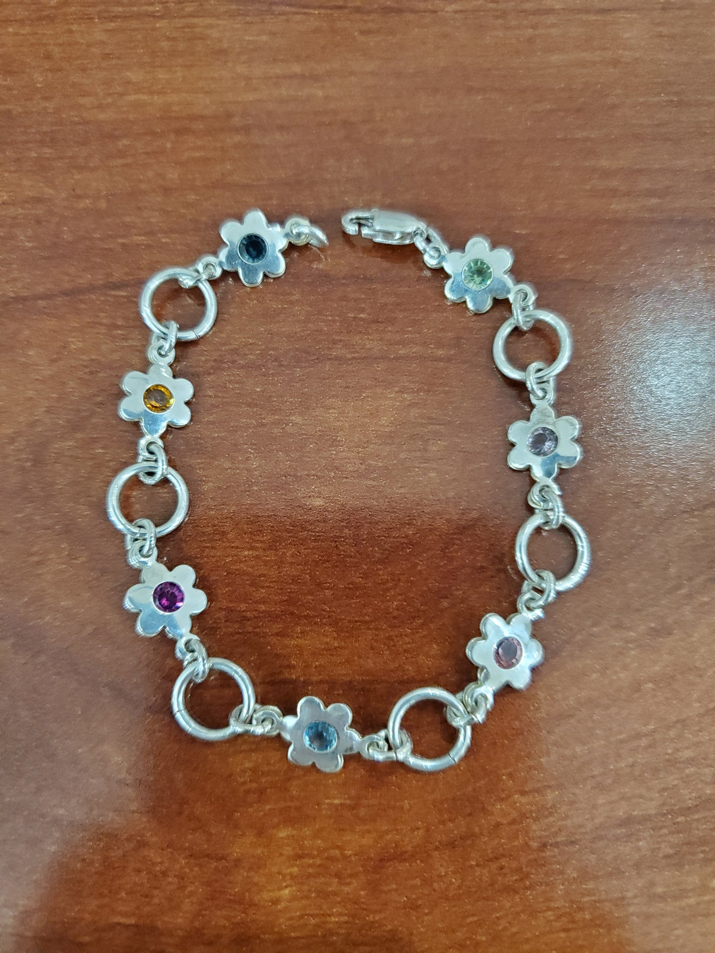925 Sterling Silver Multi-colored Crystal Daisy Flower Floral Bracelet