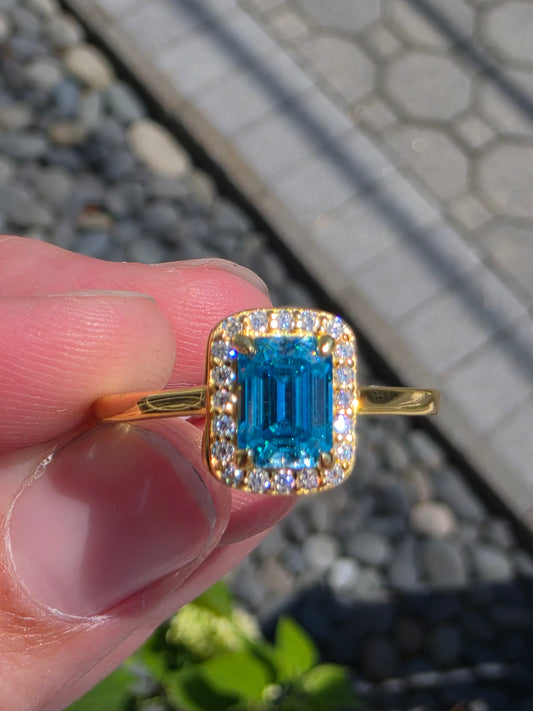 925 Sterling Silver 18k Vermeil Arctic Blue Emerald Cut Moissanite Ring w/Rlear Moissanite Halo