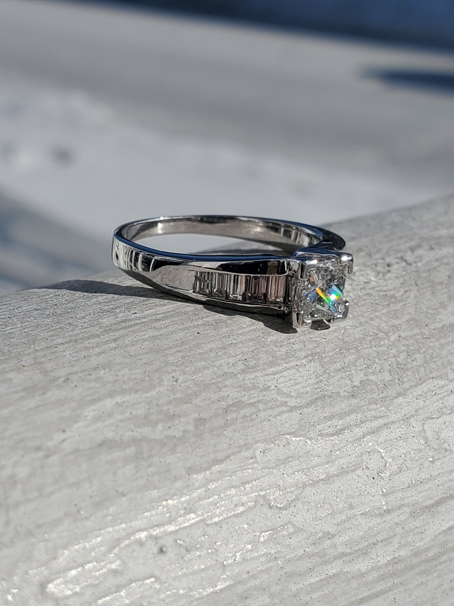 14k White Gold Natural Princess Cut Diamond Engagement Ring w/ channel set emerald cut sides
