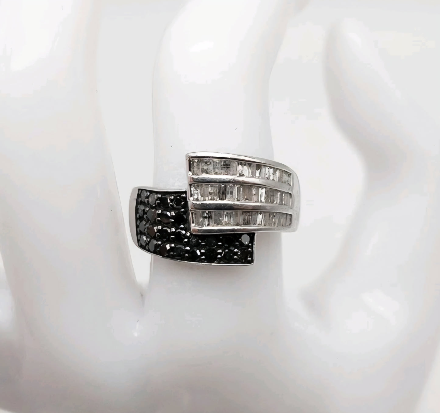 925 Sterling Silver 1.50tcw Natural White Baguette & Black Diamond OTC International Bypass Design Ring