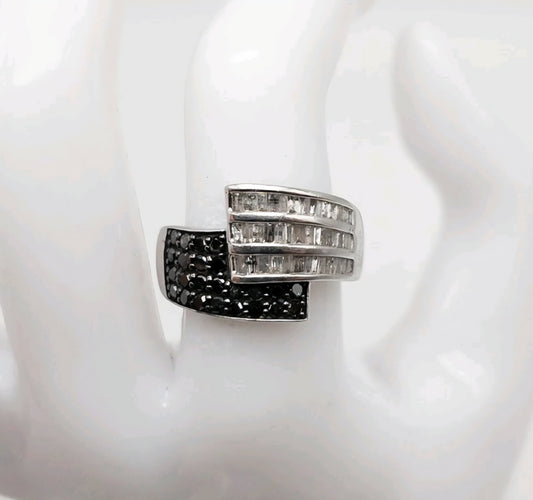 925 Sterling Silver 1.50tcw Natural White Baguette & Black Diamond OTC International Bypass Design Ring