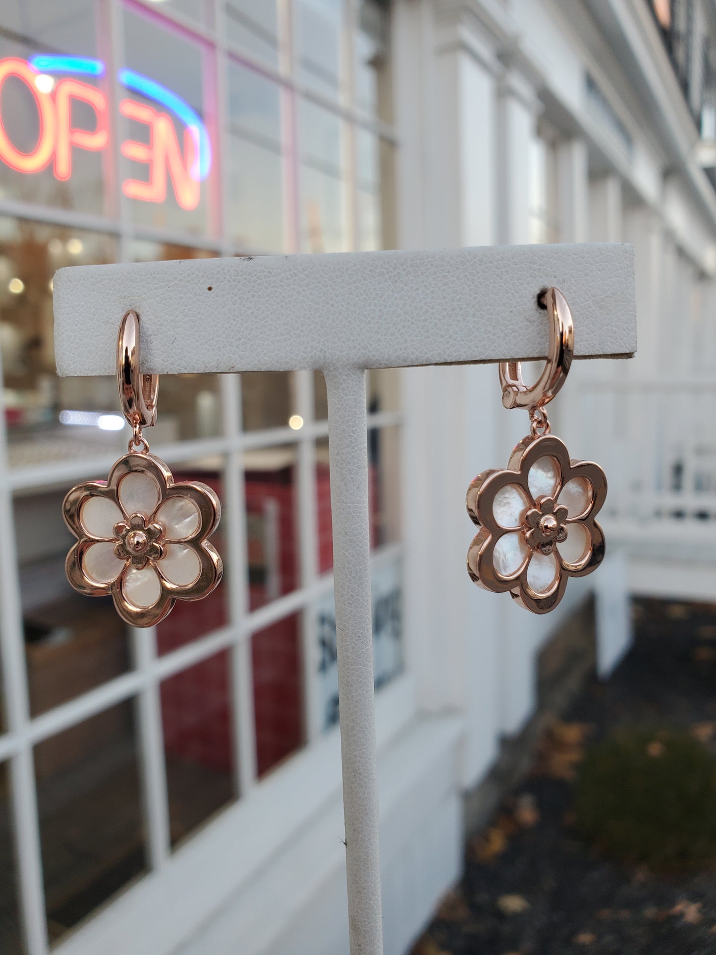 925 Sterling Silver Rose Vermeil Mother of Pearl Flower Leaverback Earrings