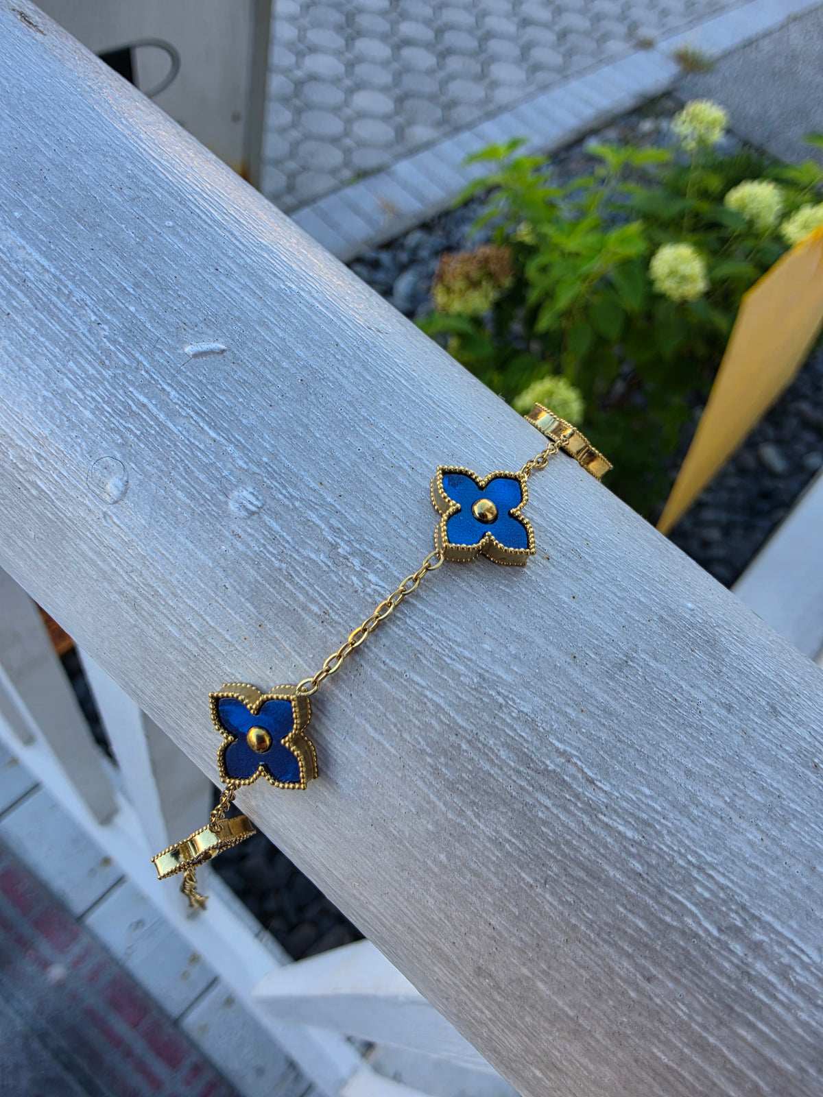 Stainless Steel Gold Vermeil Blue Clover Station Van Cleef Style Bracelet Adjustable 7"-9"