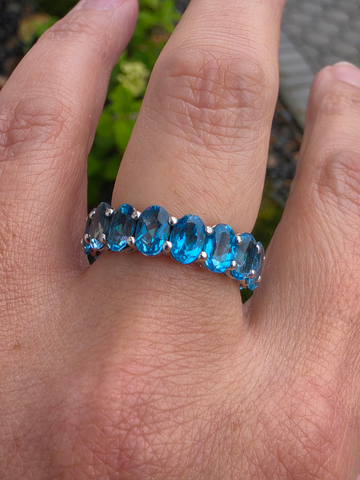 925 Sterling Silver Oval Swiss Blue Topaz Eternity Band Ring
