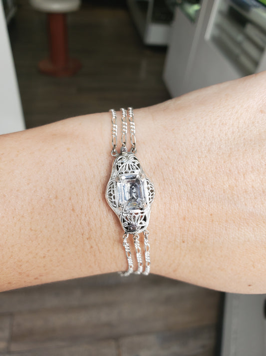 925 Sterling Silver Antique Art Deco White Topaz Triple Strand Figaro Link Bracelet