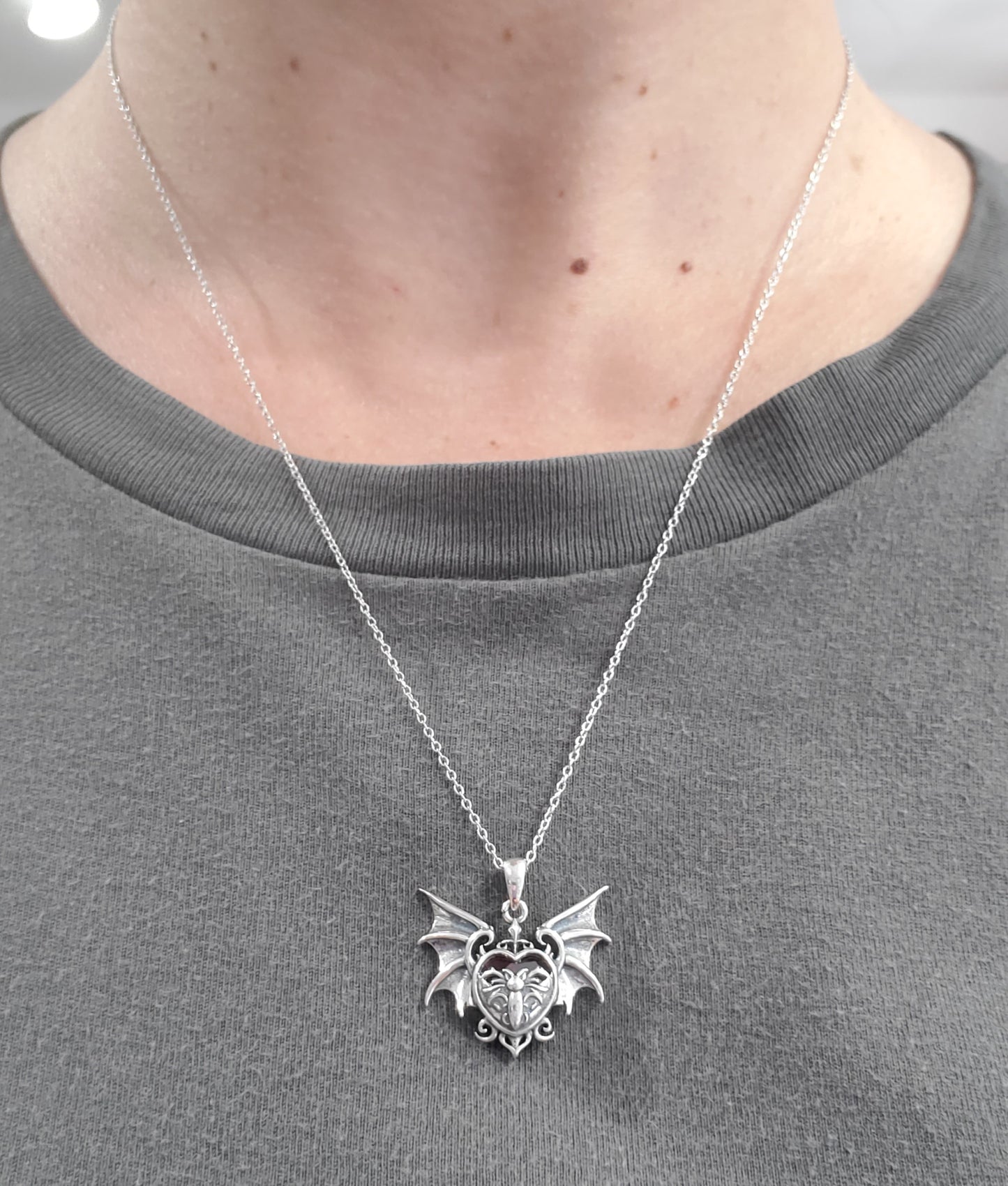 925 Sterling Silver Vampire Bat Red Heart Necklace